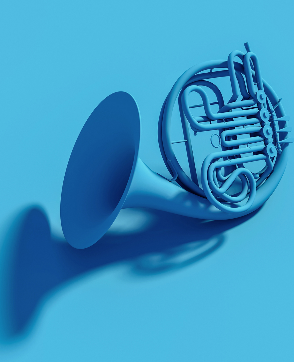classic blue orchestra horn on flat lay flat bottom. 3d image. Music and entertainment concept.